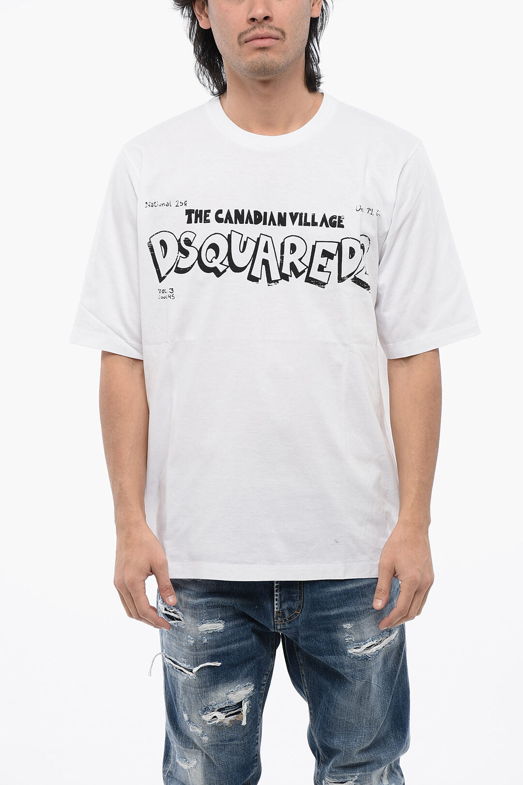 DSQUARED2 White Crewneck T-shirt With Canadian Village Print In Cotton Man