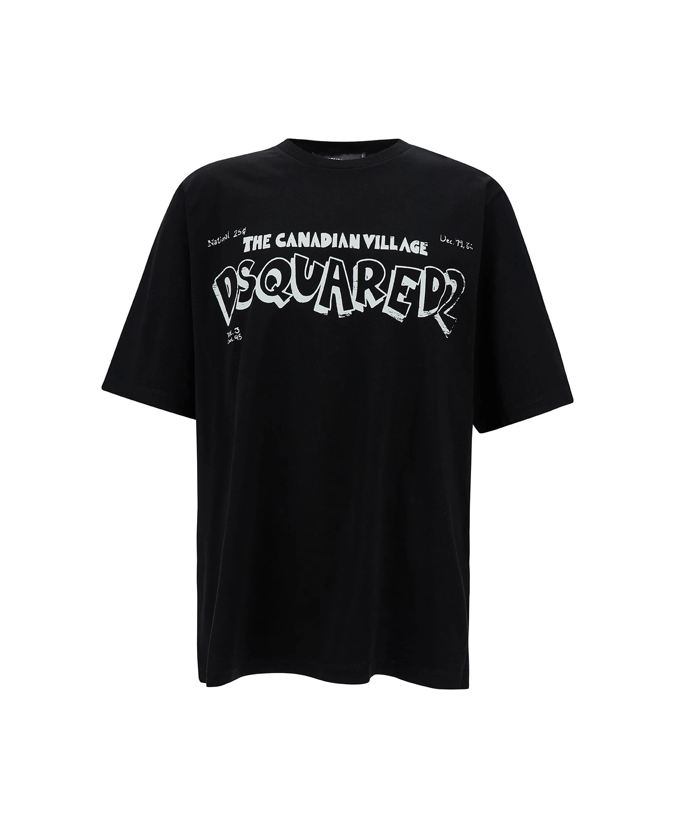 DSQUARED2 Black Crewneck T-shirt With Canadian Village Print In Cotton Man